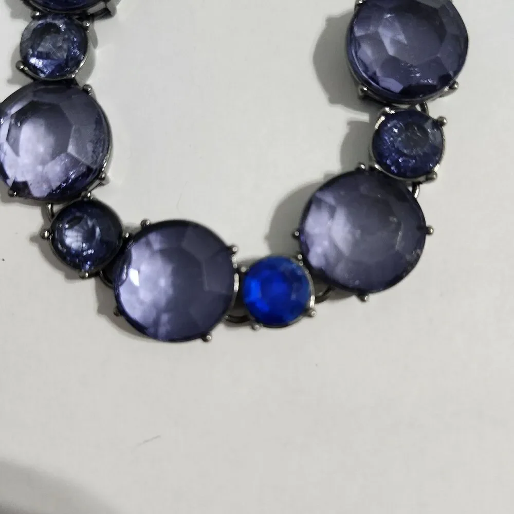 Necklace Gun Metal Blue Acrylic Round Circular Rhinestone Statement Adjustable